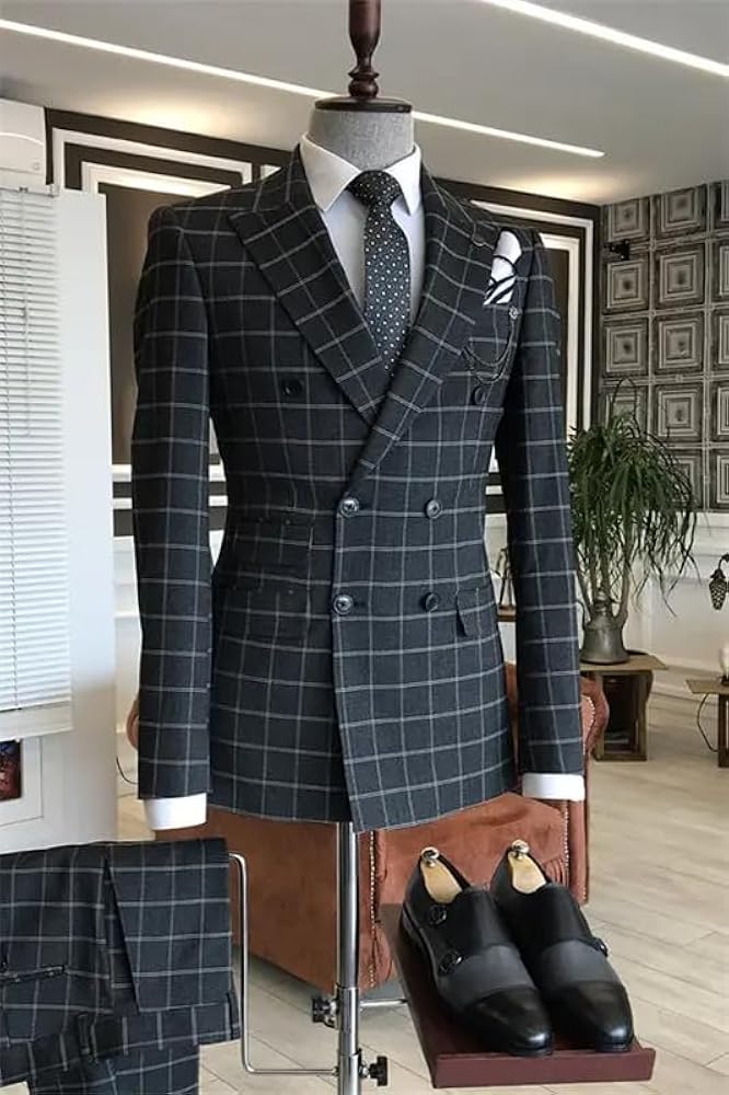 Mens Plaid Suit Tailored Fit Vintage Black Wedding Suit Men